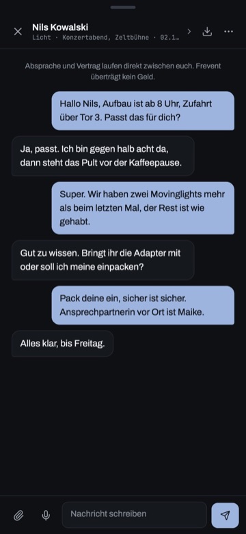 Frevent: Chat zwischen Firma und Techniker zu einem Einsatz