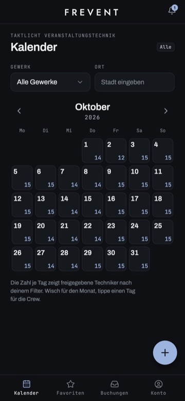 Frevent: Kalender einer Veranstaltungsfirma mit freien Technikern je Tag