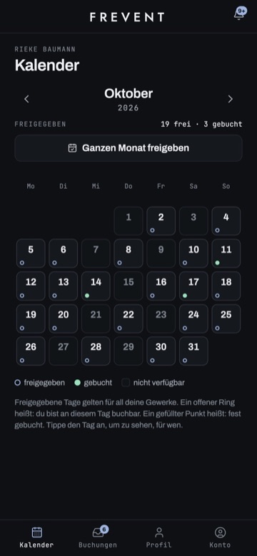 Frevent: Kalender eines Technikers mit freigegebenen und gebuchten Tagen